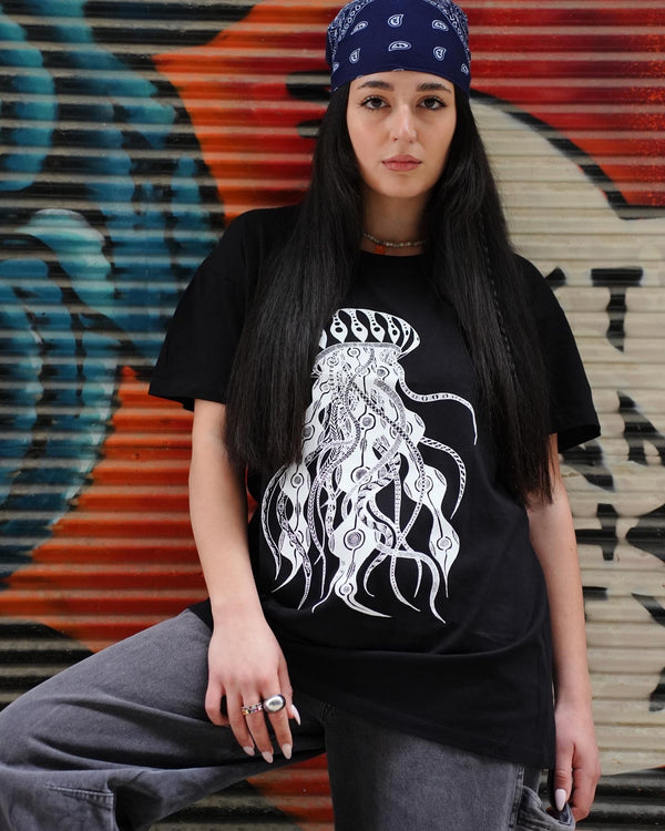 I'm from the primitives - black graphic t-shirt with white Jellyfish stamp art by Yaw Broni