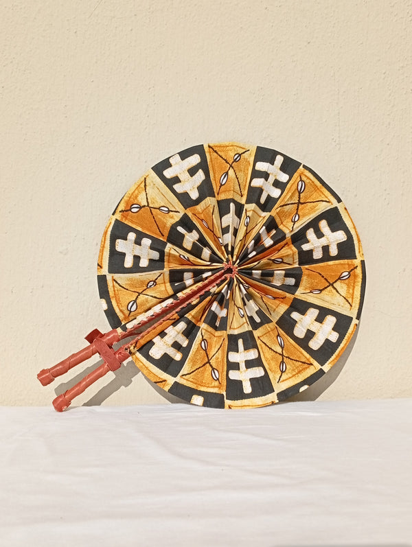 Black & Cream Pattern Fan - handmade black, cream and yellow cotton fan with leather handle by Yaw Broni