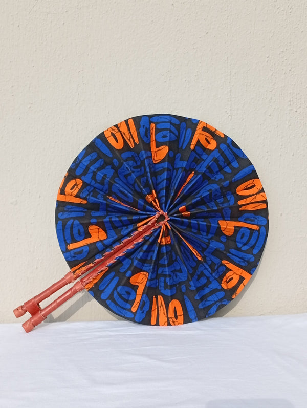 Sporty Numbers Fan - handmade blue, orange and black with numbers cotton fan with leather handle by Yaw Broni