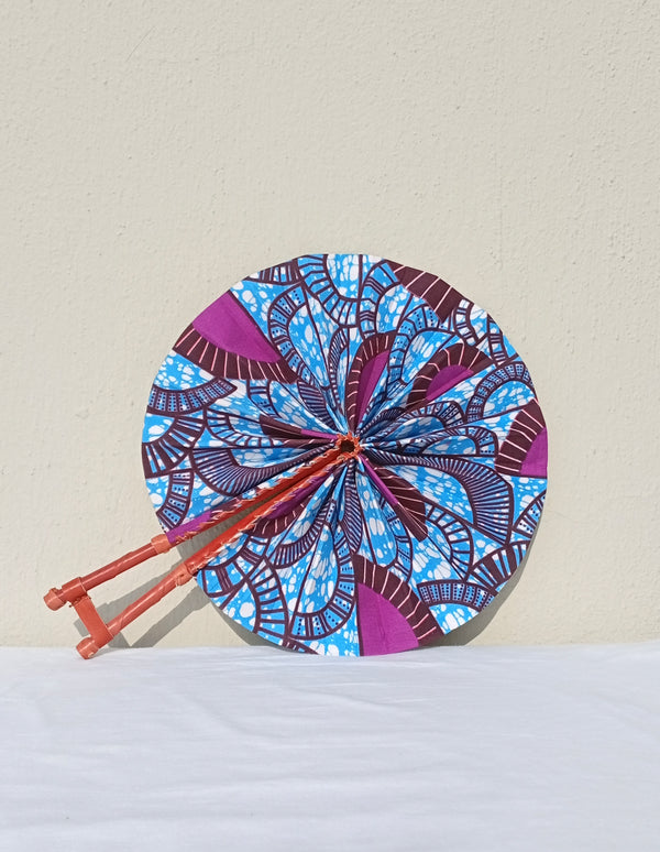 Purple & Blue Pattern Fan - handmade purple and light blue cotton fan with leather handle by Yaw Broni