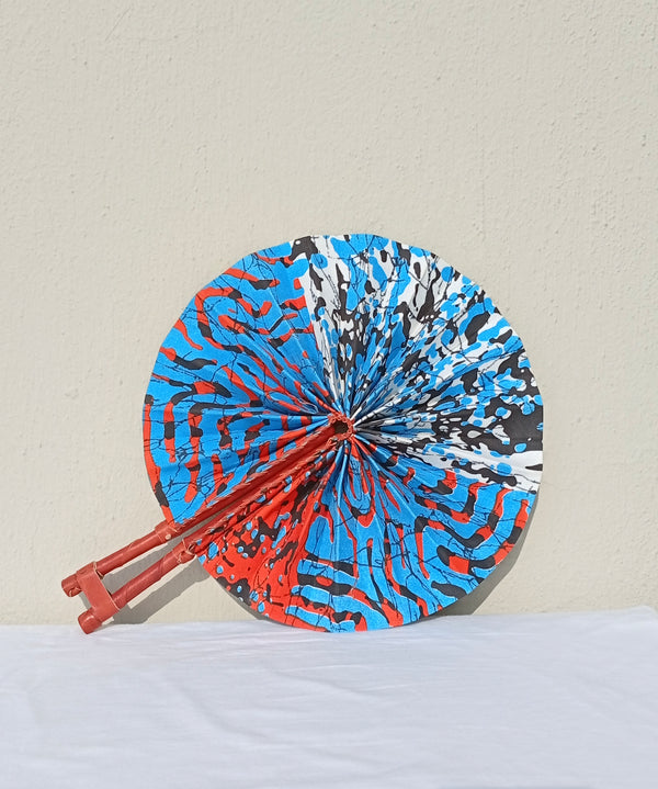 Light Blue & Red Pattern Fan - handmade light blue and red cotton fan with leather handle by Yaw Broni