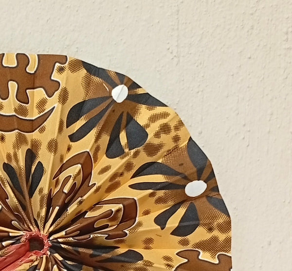 Brown Floral Fan - handmade brown floral cotton fan with leather handle by Yaw Broni