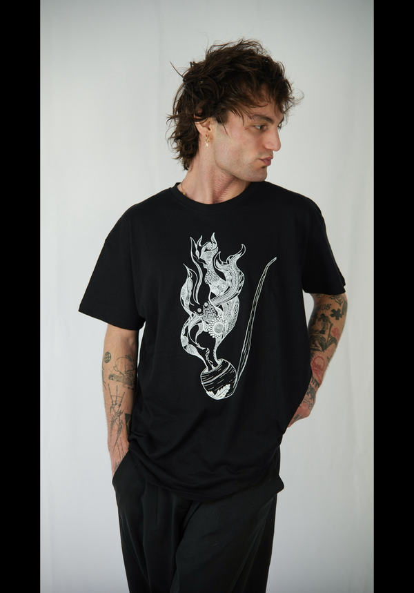 Light me up and follow me - white graphic t-shirt with The Magic Pipe stamp art by Yaw Broni