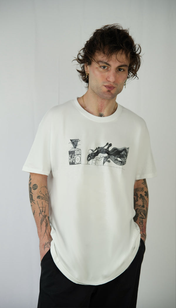 Feeling the music in your bones - white graphic t-shirt with Sound Boost stamp art by Yaw Broni