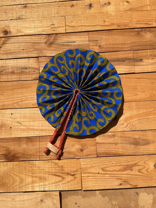 Blue & Yellow Fan - handmade blue and yellow cotton fan with leather handle by Yaw Broni