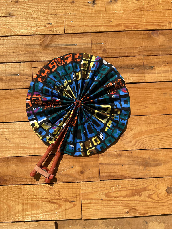 Black & Blue Geometric Fan - handmade black and blue geometric cotton fan with leather handle by Yaw Broni