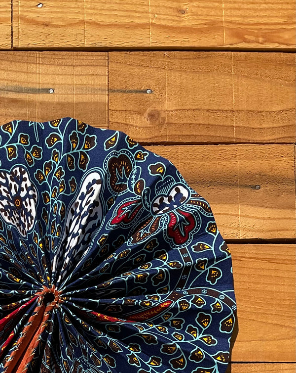 Blue Pattern Fan - handmade blue bold cotton fan with leather handle by Yaw Broni