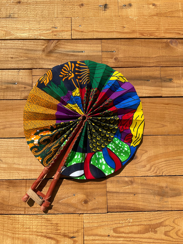 Garden Palette Fan - handmade green, purple and orange cotton fan with leather handle by Yaw Broni