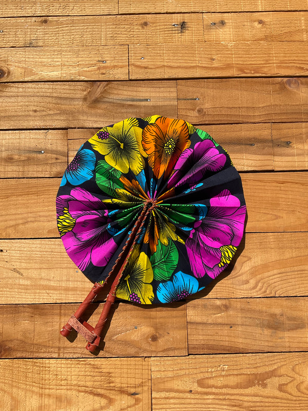 Multicolor Floral Fan - handmade multicolor floral cotton fan with leather handle by Yaw Broni