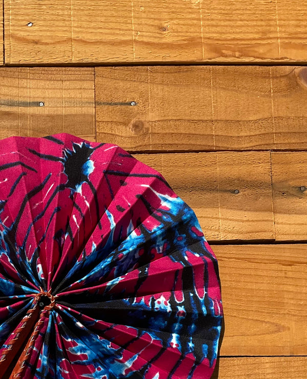 Blue & Red Fan - handmade blue and red bold cotton fan with leather handle by Yaw Broni