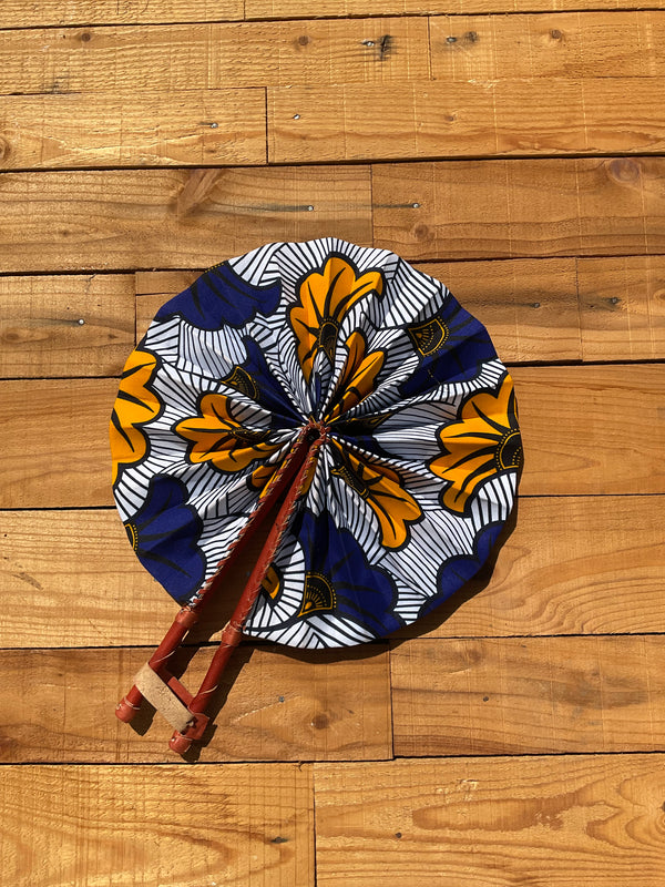 Navy & Yellow Fan - handmade navy and yellow cotton fan with leather handle by Yaw Broni