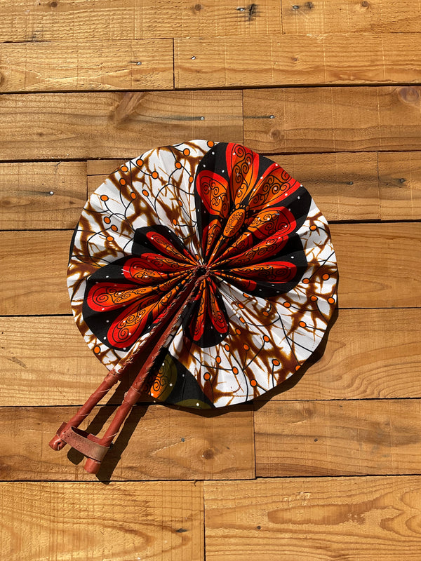 Red, Orange & White Fan - handmade red, orange and white cotton fan with leather handle by Yaw Broni