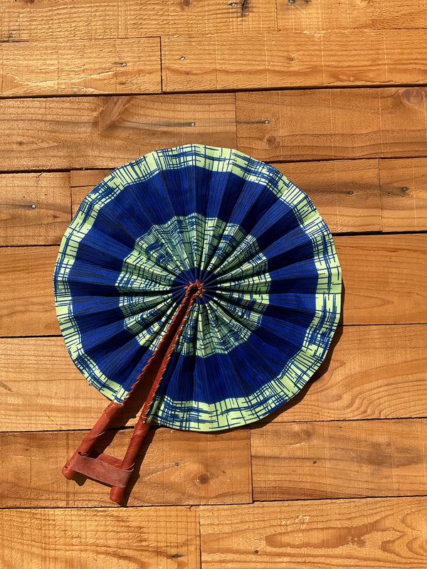 Blue & Mint Geometric Fan - handmade blue and light green geometric cotton fan with leather handle by Yaw Broni