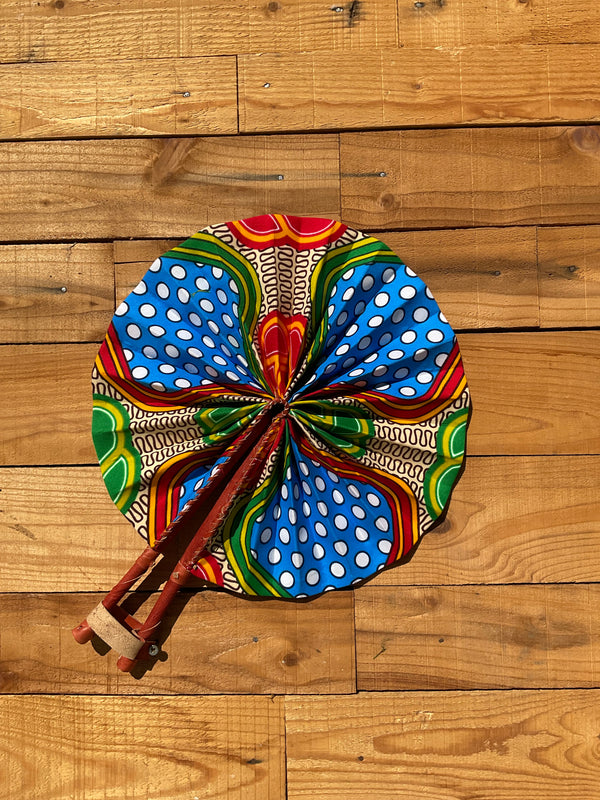 Blue & Green Multicolor Fan - handmade multicolor blue and green cotton fan with leather handle by Yaw Broni