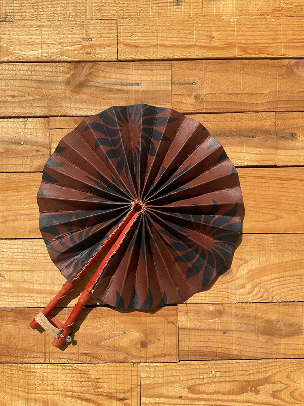 Dark & Earthy Fan - handmade black and brown earthy cotton fan with leather handle by Yaw Broni
