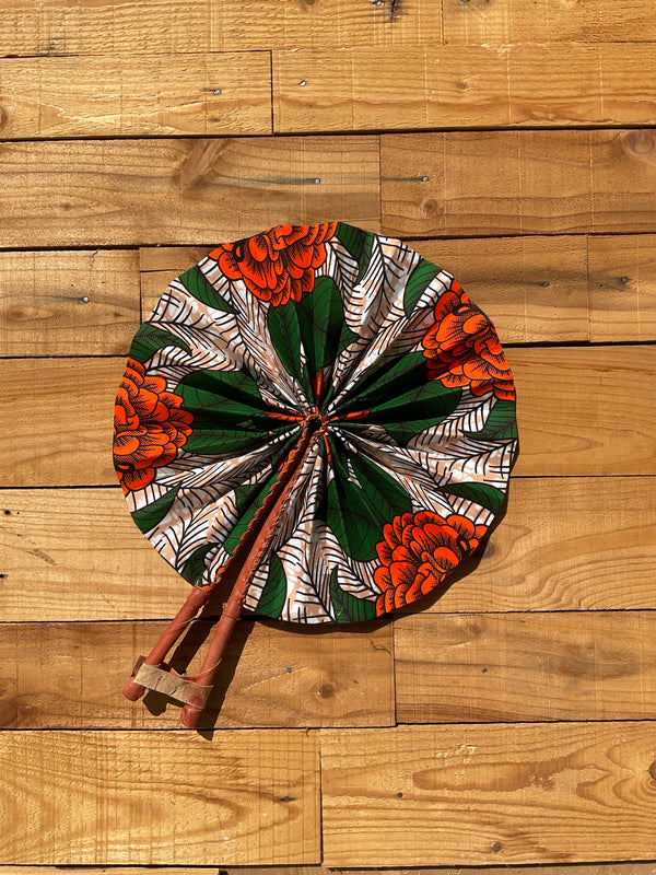 Green & Red Floral Fan - handmade green and red floral cotton fan with leather handle by Yaw Broni