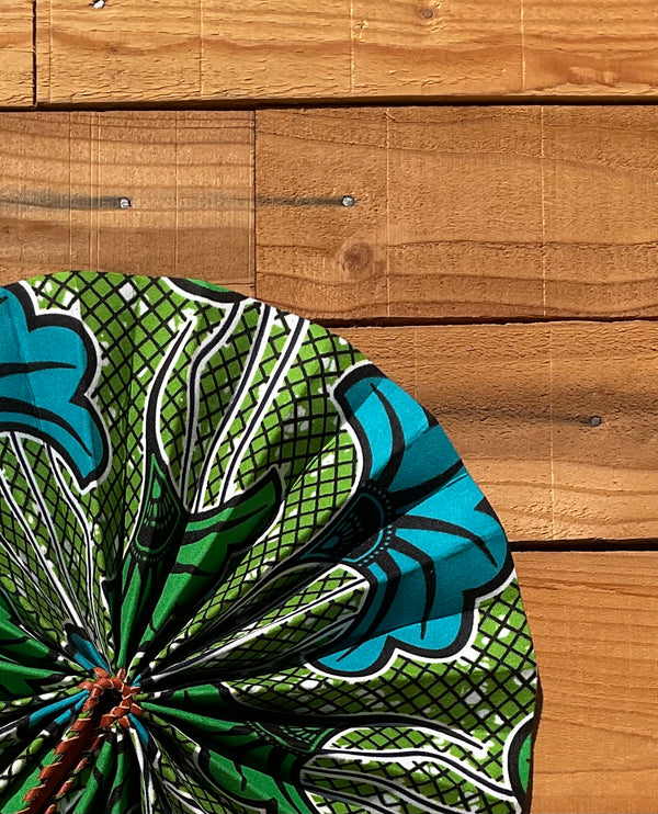 Blue & Green Floral Fan - handmade blue and green floral cotton fan with leather handle by Yaw Broni